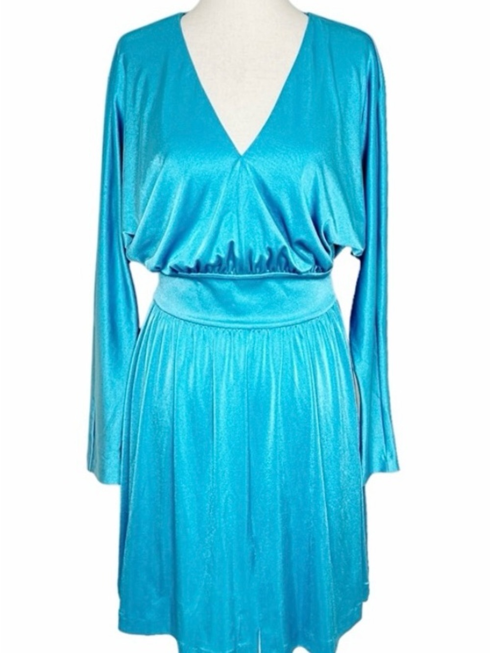 Halston Heritage Turquoise V-Neck Long Sleeve Mini Dress with Gold Waistband